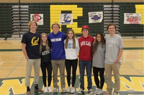 SRVHS senior athletes Mikey Williams, Rachel Speros, Brannan Haket, Colby Parker, Keaton Fox, Olivia Torres and Rory Birse sport college spirit wear at the National Letter of Intent Signing Day