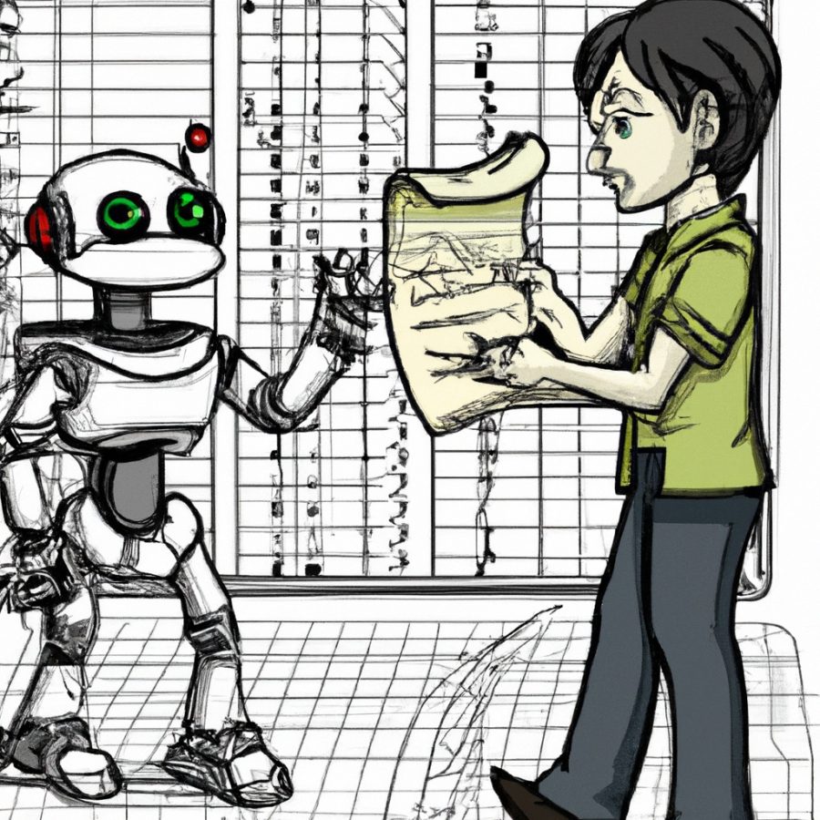 Cartoon artistic image of a teacher handing a student robot a graded paper